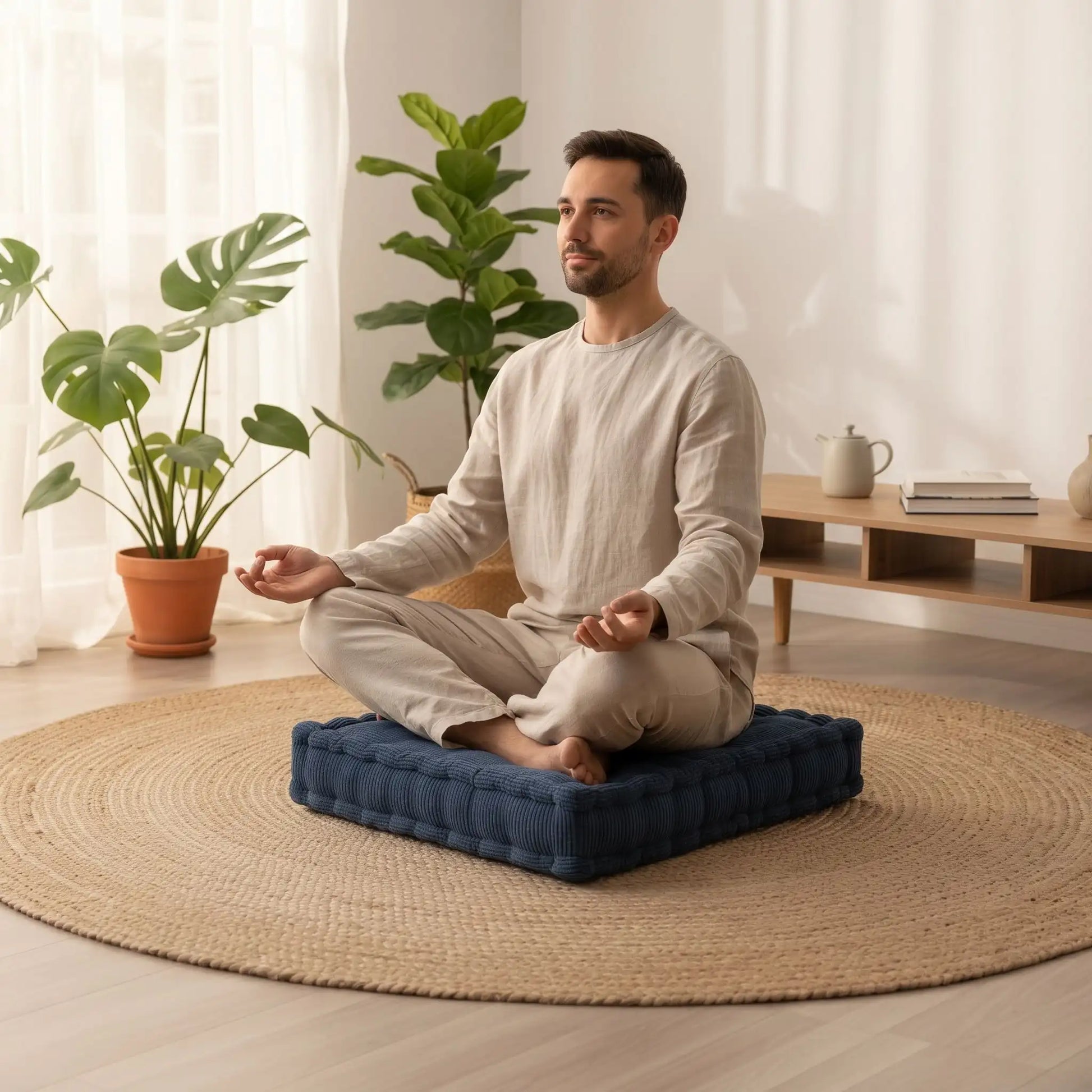 homme fait yoga sur coussins de sol bleu