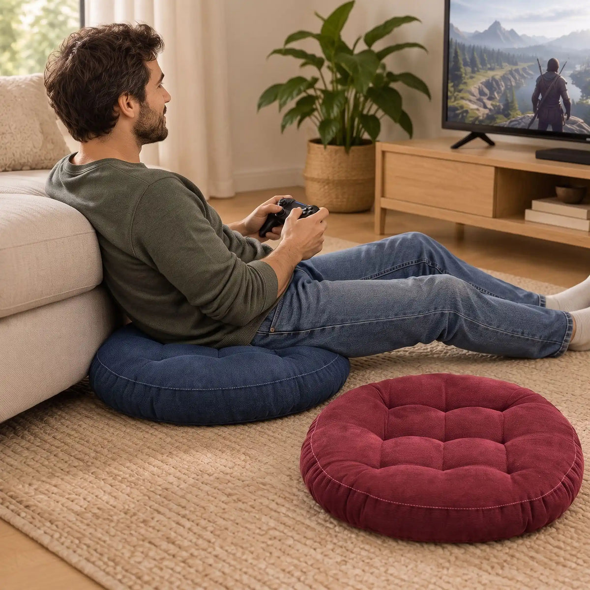 homme jouant un jeu vidéo sur gros coussin de sol