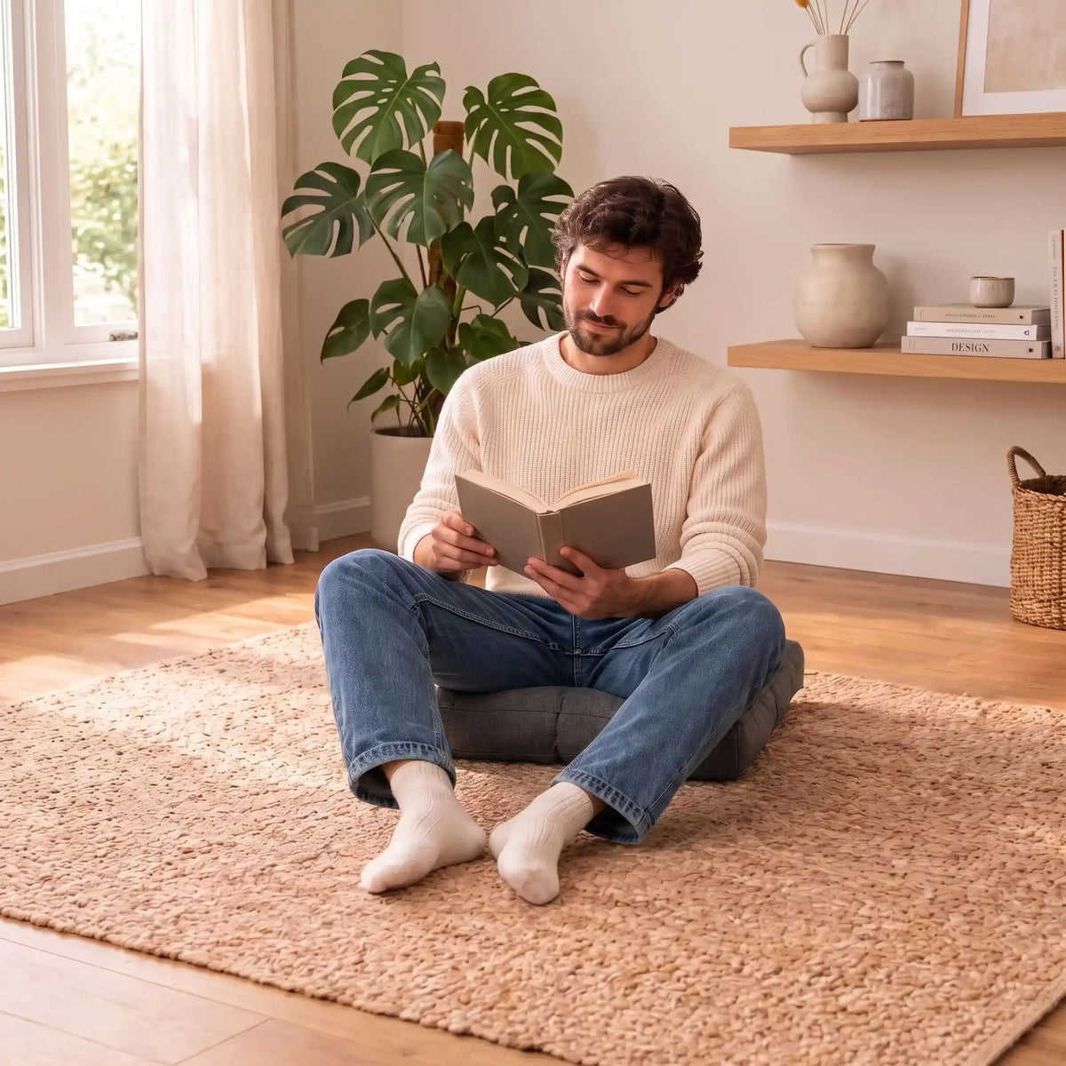 homme lisant dans une posture détendue sur gros coussin de sol