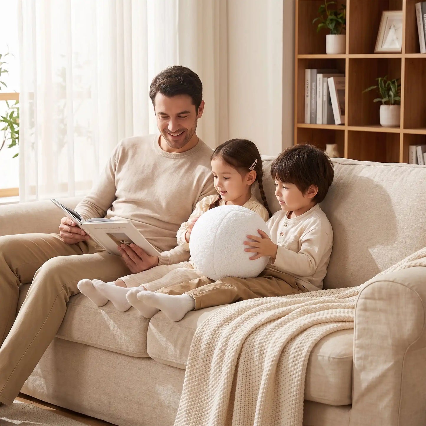 homme lisant  livre  enfant garçon coussin canapé  mains