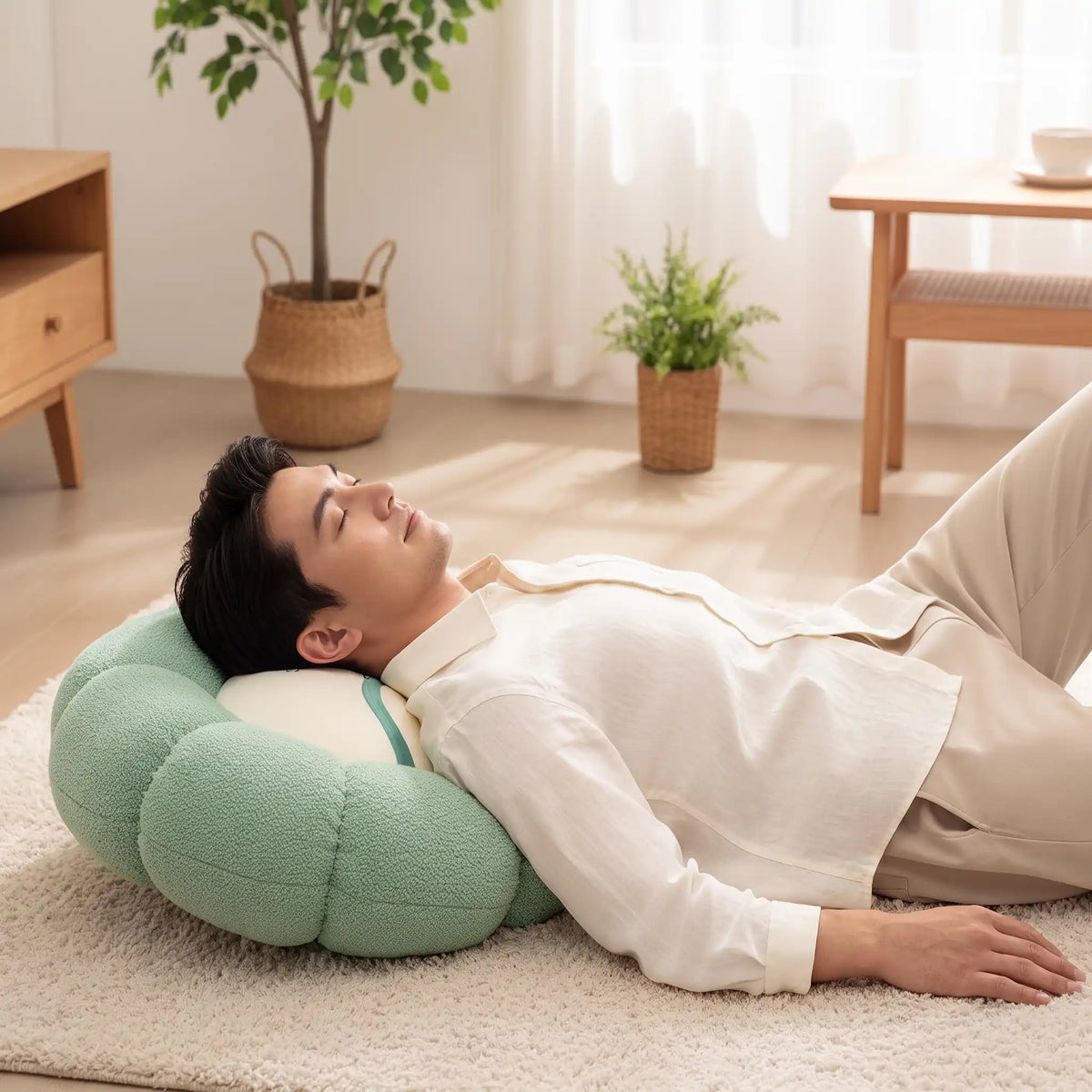 homme repose tête sur coussin de sol rond