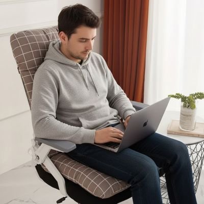 homme sur coussin de chaise ordinateur sur ses jambes 