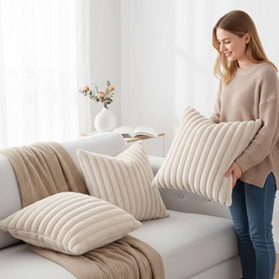 housse  coussin  peluche blanc crème
