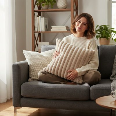 housse  coussin  peluche ocre