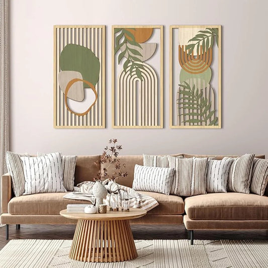 lot de trois décorations murales bois style bohème formes rectangulaires