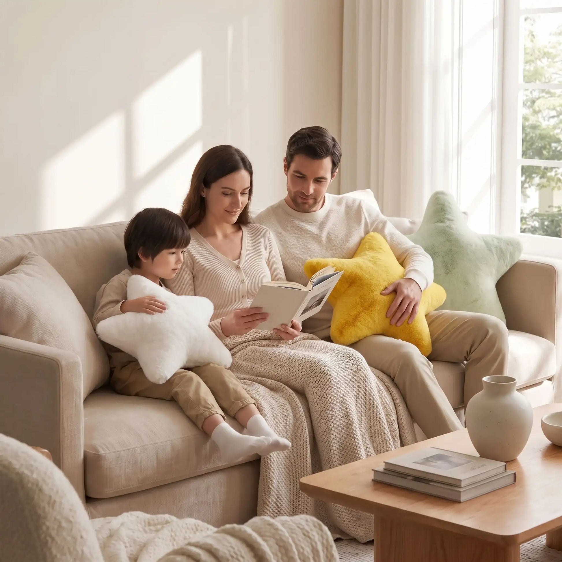 maman fait lecture papa garçon coussins décoratifs pour salon dans mains