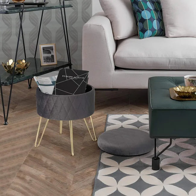 Tabouret Velours - VelvetRoundPuff™ - Gris Foncé