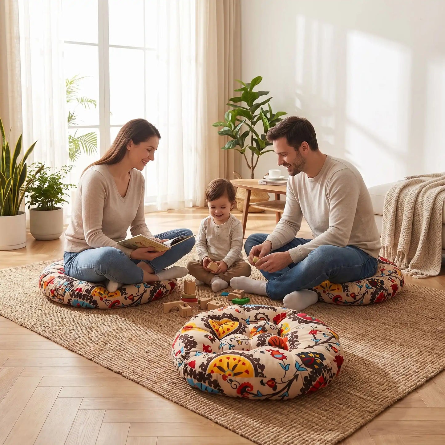 papa maman jouent assis sur coussin de sol