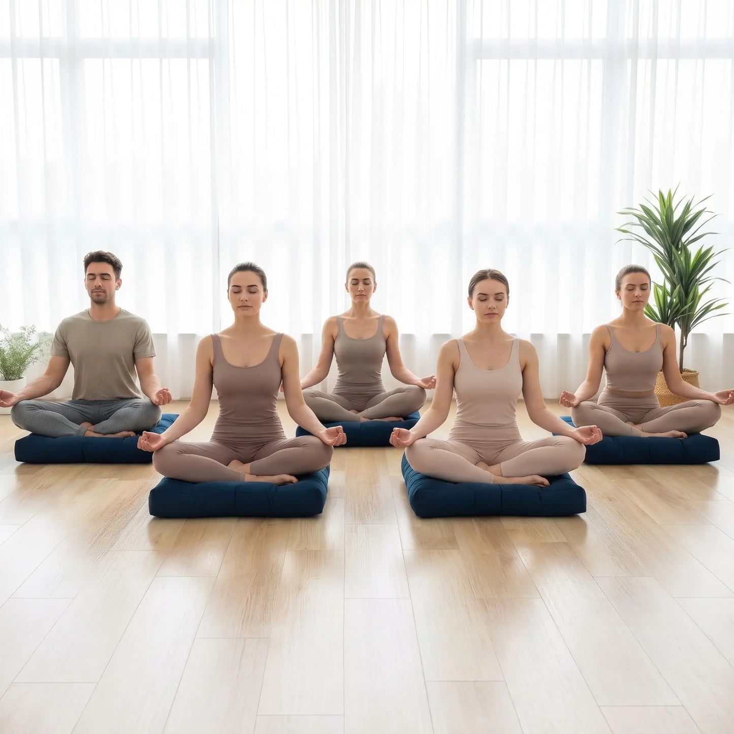 quatre élèves en yoga sur coussin  de sol bleu marine