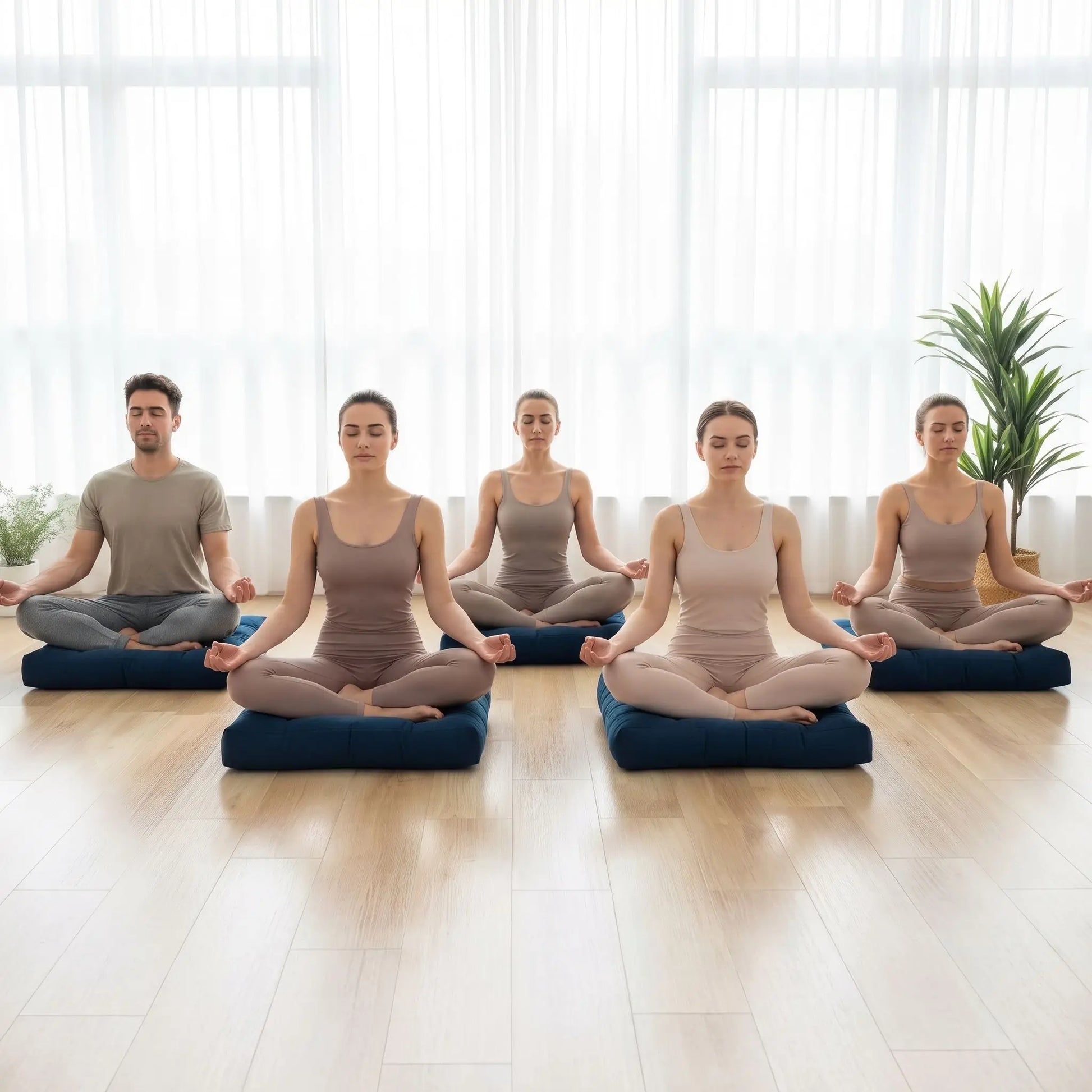 quatre élèves en yoga sur coussin  de sol bleu marine