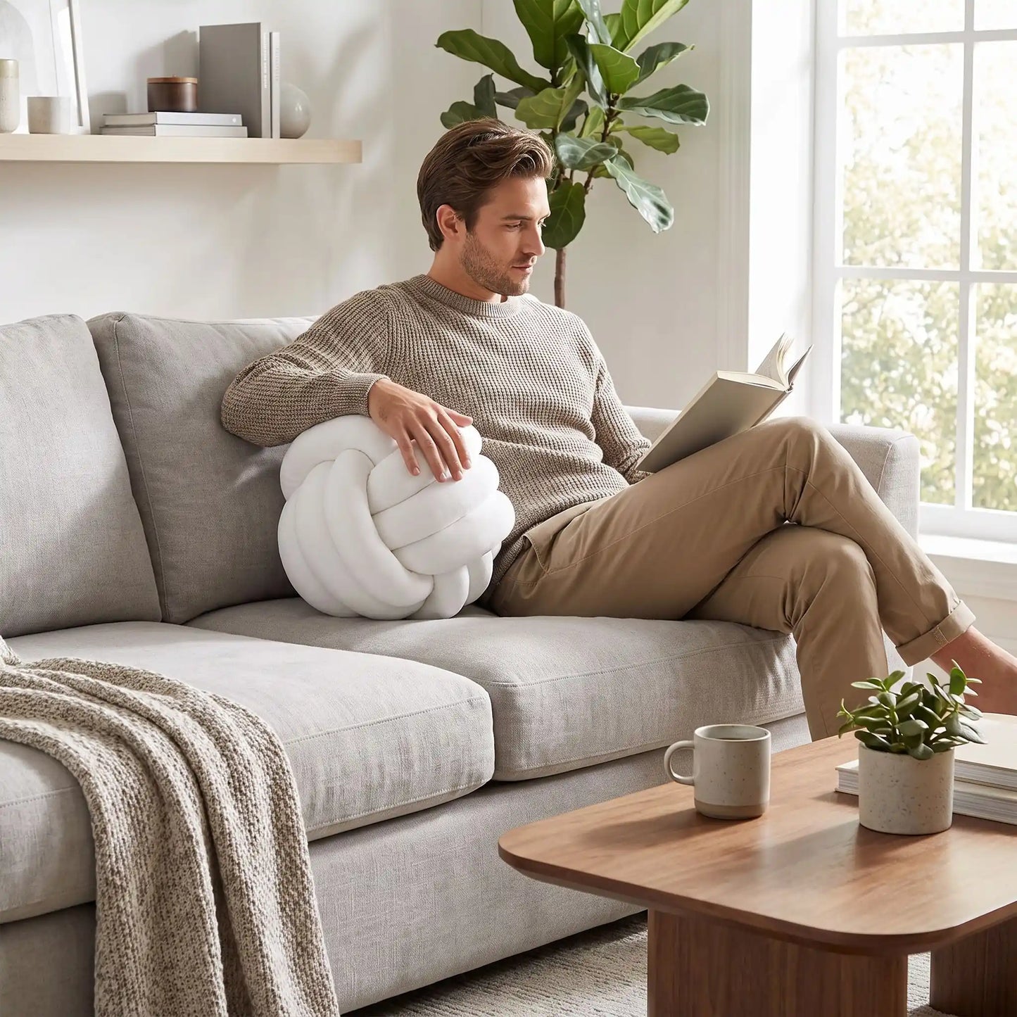 un homme pose sa main sur coussin décoratif pour canapé